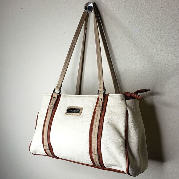 Laura Scott Vegan Leather White & Bown Shoulder Bag - Picture 1 of 12
